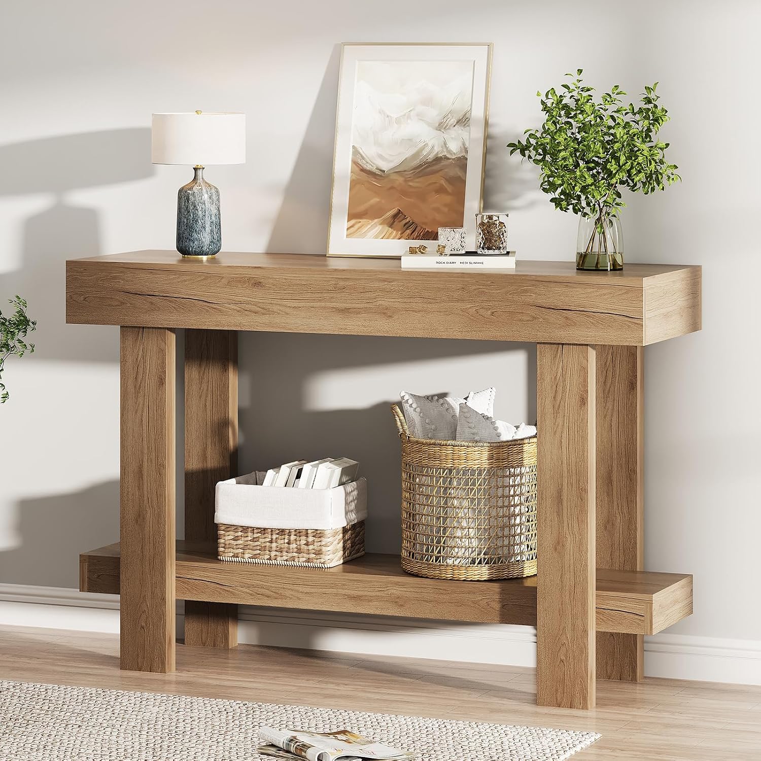 Console Table for Entryway, 47.2" Narrow Farmhouse Sofa Table with Thick Tabletop & Storage Shelf, 2-Tier Modern Wooden Entryway Industrial Table for Hallway, Living Room, Foyer, Behind Couch, Natural
