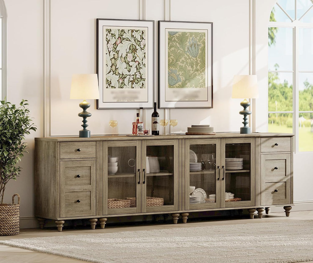 WAMPAT Sideboard Buffet Cabinets with 4-Glass Door, 4-in-1 Kitchen Storage Cabinets with Charging Station, Wood Coffee Bar Table with Adjustable Shelf & 2 Drawers for Dining Room, Living Room, Grey