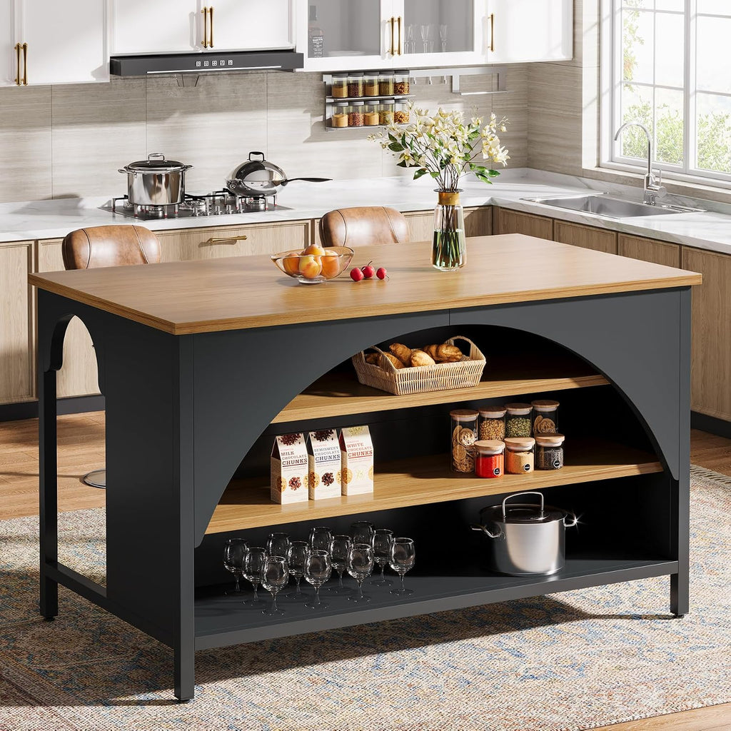 Tribesigns Kitchen Island with 3 Storage Shelves, 55" W Kitchen Shelf with Large Countertop and Seating Area, Modern Wooden Coffee Bar Table (Black)
