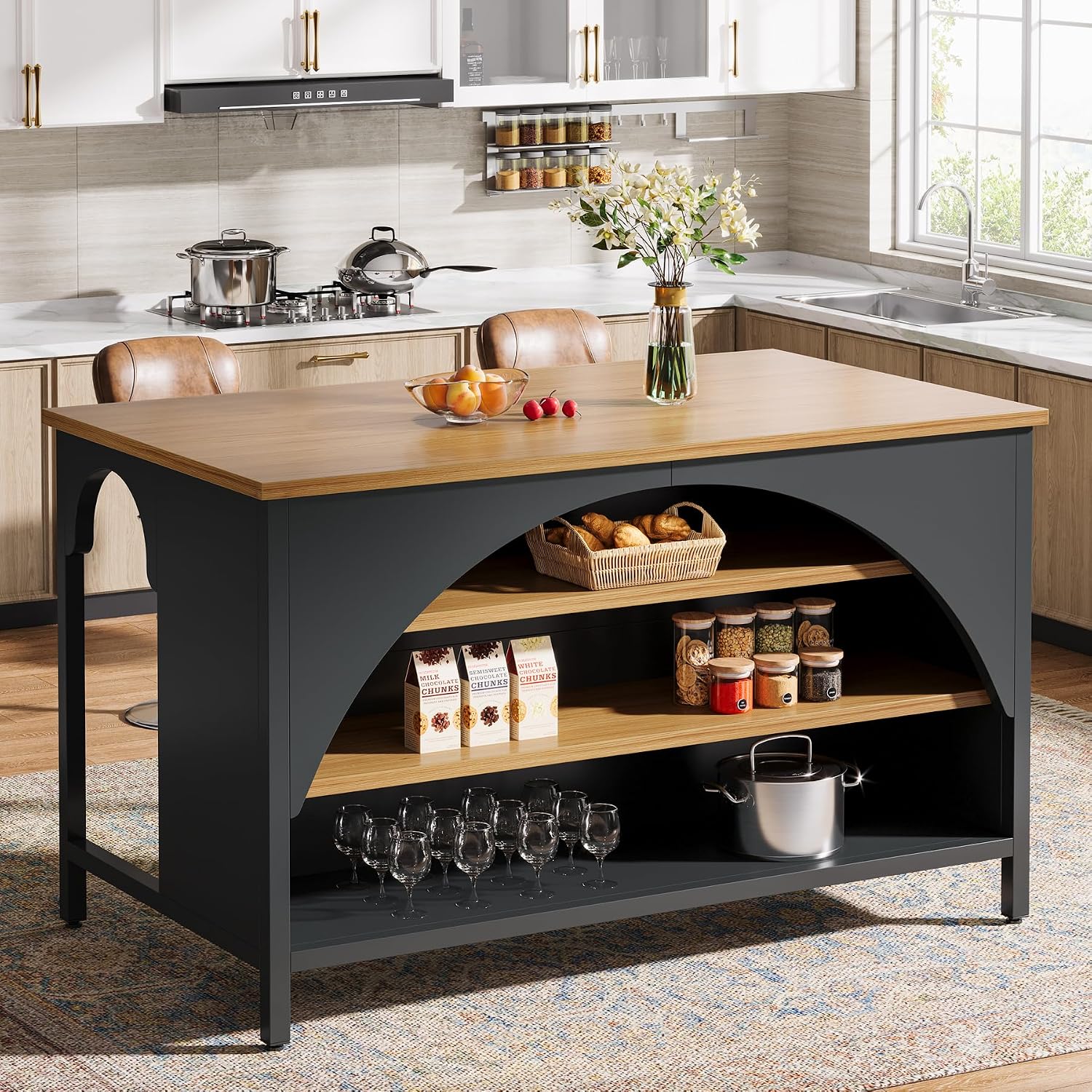 Tribesigns Kitchen Island with 3 Storage Shelves, 55" W Kitchen Shelf with Large Countertop and Seating Area, Modern Wooden Coffee Bar Table (Black)