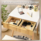 Small Vanity Desk with Mirror and Lights, Wooden Handles with Cushioned Stool, 3 Lighting Modes Round Makeup Table with Upgraded Silent Slides, Compact Vanity for Small Spaces, Natural Oak