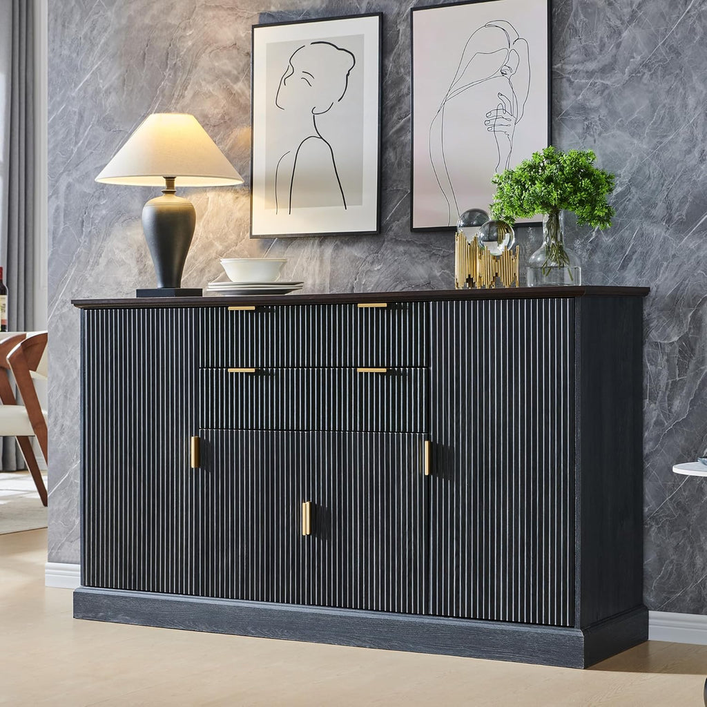 IFGET Fluted Buffet Cabinet with Storage, Sideboard Cabinet with Adjustable Shelves, Wood Rustic Coffee Bar with 2 Drawer and 4 Doors, Wine Bar for Kitchen, and Living Room, Dark Gery