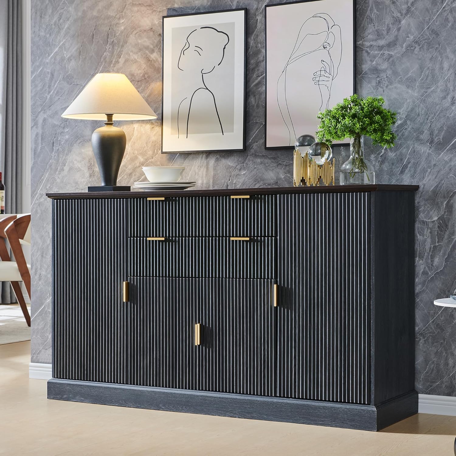 IFGET Fluted Buffet Cabinet with Storage, Sideboard Cabinet with Adjustable Shelves, Wood Rustic Coffee Bar with 2 Drawer and 4 Doors, Wine Bar for Kitchen, and Living Room, Dark Gery