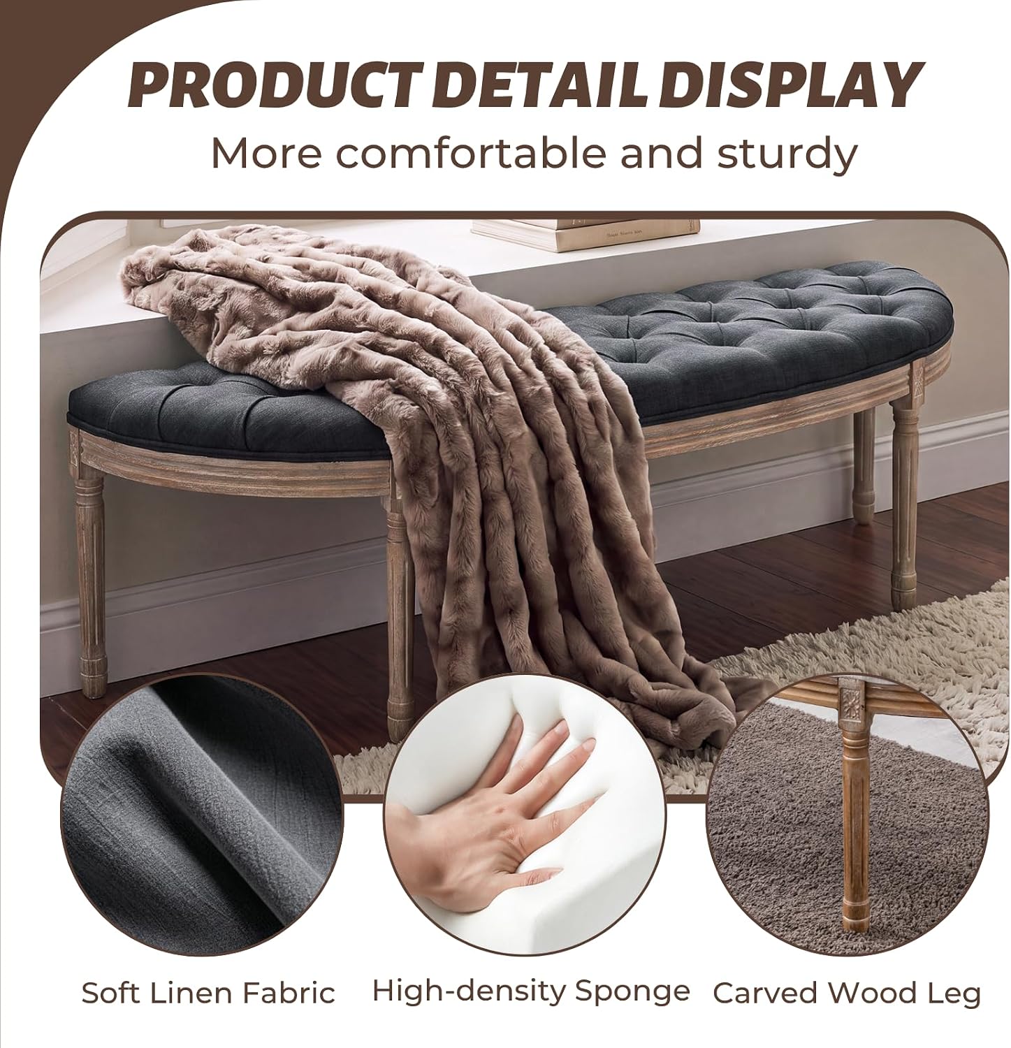 chairus 55" Button Tufted Semi-Circle Dining Bench Linen Halfmoon Entryway Bench Comfy Upholstered Bench Seat for Bay Window/Bedroom End of Bed/Living Room/Indoor, Charcoal Black