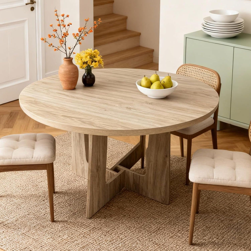 Round Dining Table for 4, 43.3'' Small Kitchen Table with Sturdy Pedestal Base, Wooden Dining Room Tables, Farmhouse Circle Dinner Tables for Living Room, Small Spaces, Space Saving, Natural Wood