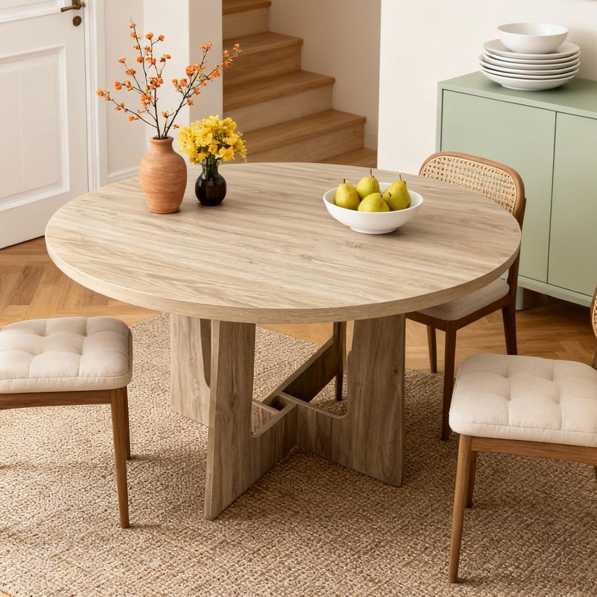 Round Dining Table for 4, 43.3'' Small Kitchen Table with Sturdy Pedestal Base, Wooden Dining Room Tables, Farmhouse Circle Dinner Tables for Living Room, Small Spaces, Space Saving, Natural Wood