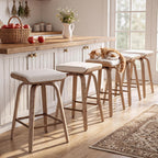 HNY 26" Swivel Bar Stools Set of 4, Backless Counter Height Bar Stools with Removable Linen Cushion, 360° Swivel Wooden Saddle Stools with Footrest for Kitchen Island, Home Bar & Small Spaces