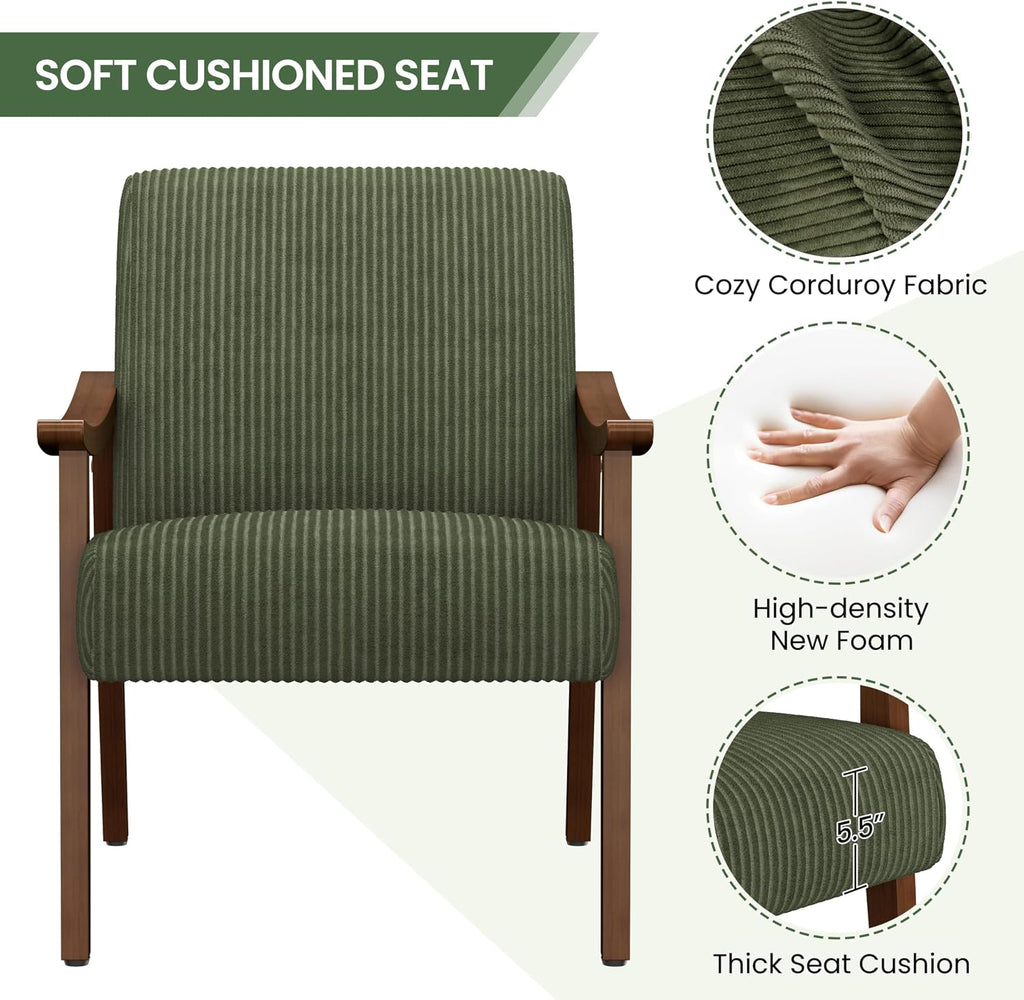 Yaheetech Accent Chairs, Mid-Century Corduroy Fabric Armchairs, Dark Green | Corduroy Chair with Solid Wood Legs, Cozy Reading Leisure Chair for Living Room, Bedroom, Waiting Room