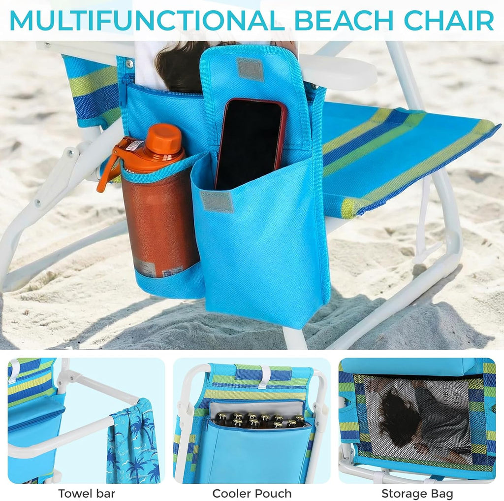 TLSUNNY 25" W Low Beach Chair for Adults W/5-Position Lay Flat & Cooler Pouch, Folding Backpack Beach Chair W/Headrest, Storage Bag, Towel Bar, Foot Mat, for Camping,350LBS(2, Blue/Green, 8.9″)