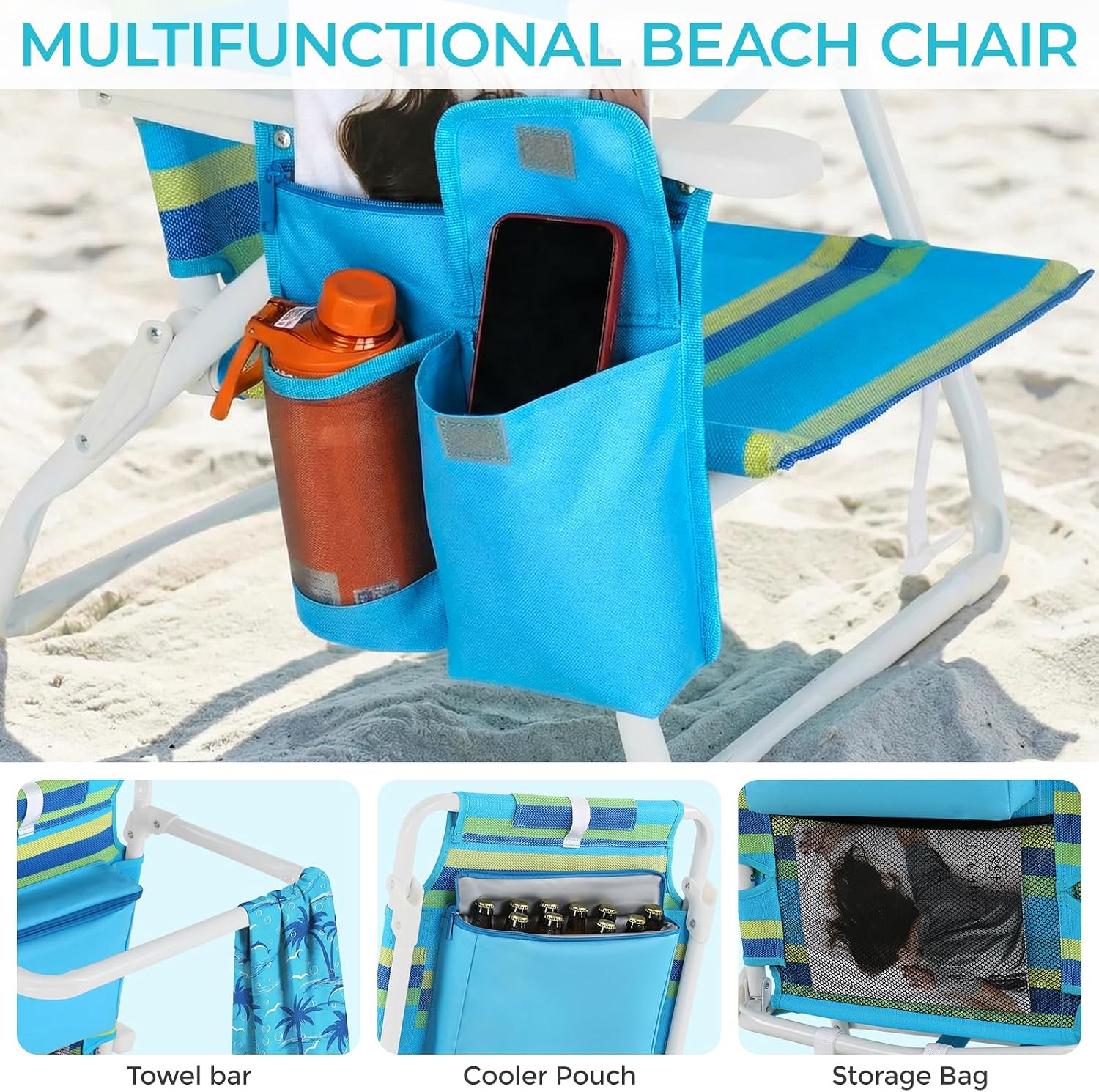 TLSUNNY 25" W Low Beach Chair for Adults W/5-Position Lay Flat & Cooler Pouch, Folding Backpack Beach Chair W/Headrest, Storage Bag, Towel Bar, Foot Mat, for Camping,350LBS(2, Blue/Green, 8.9″)