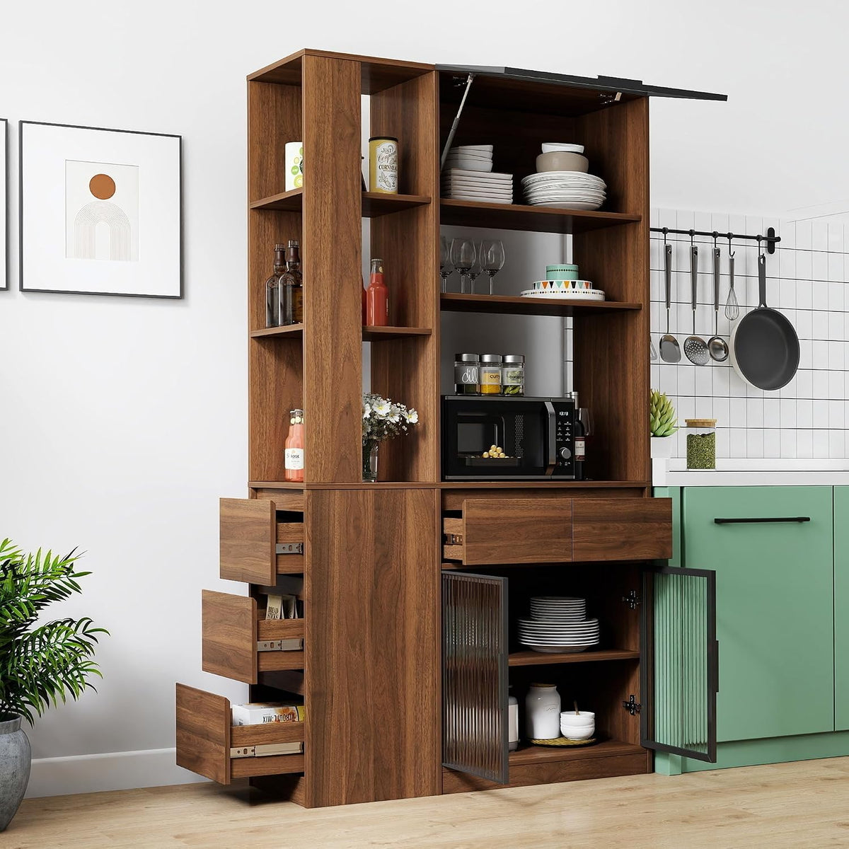 70.87" Tall Kitchen Pantry Cabinet with Multi-Tier Storage, Freestanding Food Hutch with 5 Drawers & 3 Glass Door and Microwave Stand, Coffee Bar Storage Cabinet Entrance Organizer, Walnut