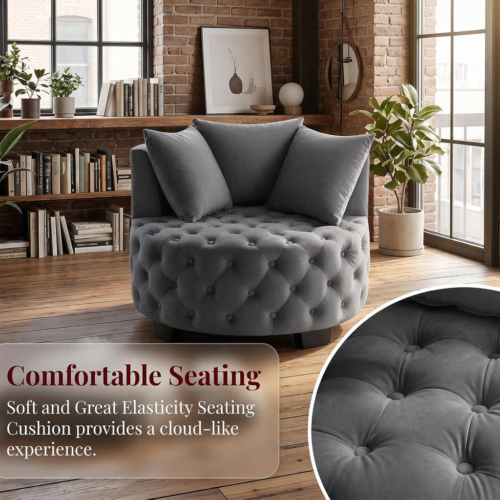Upholstered Tufted Accent Barrel Chair with 3 Pillows, Contemporary Round Lounge Club Sofa Chair, Leisure Armchair for Living Room Hotel Bedroom, Dark Gray Velvet