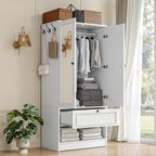 iPormis Wood Armoire Wardrobe Closet with Mirror Door and Drawer, 2 Doors Bedroom Storage Cabinet for Hanging Clothes, White