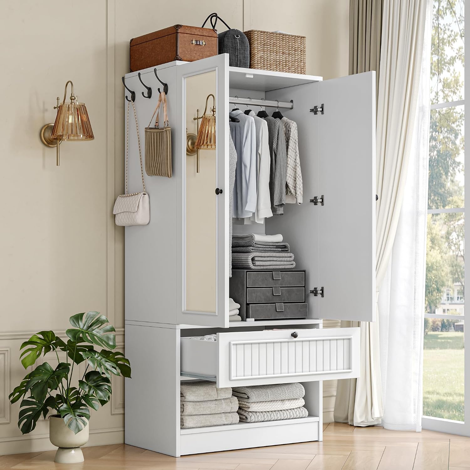 iPormis Wood Armoire Wardrobe Closet with Mirror Door and Drawer, 2 Doors Bedroom Storage Cabinet for Hanging Clothes, White
