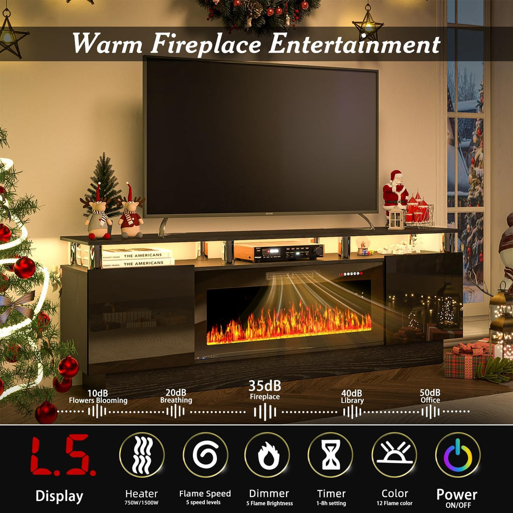 70" Fireplace TV Stand, Entertainment Center with 8 Stainless Steel, Black | 36" Electric Fireplace insert, Modern TV Console with LED light, 2-tier Media Console fits 80" TV, Spacious storage cabinets