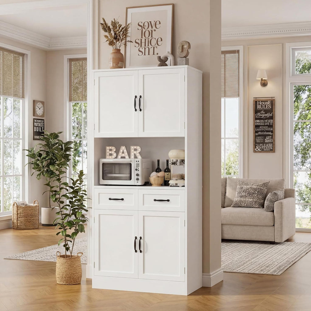 HOSTACK 71" Tall Kitchen Pantry Storage Cabinet, Wood Kitchen Hutch, White | Modern Pantry Cabinet with Microwave Stand, Hutch Cabinet with Countertop & Drawers, Storage Cabinet for Living Room