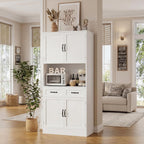 HOSTACK 71" Tall Kitchen Pantry Storage Cabinet, Wood Kitchen Hutch, White | Modern Pantry Cabinet with Microwave Stand, Hutch Cabinet with Countertop & Drawers, Storage Cabinet for Living Room