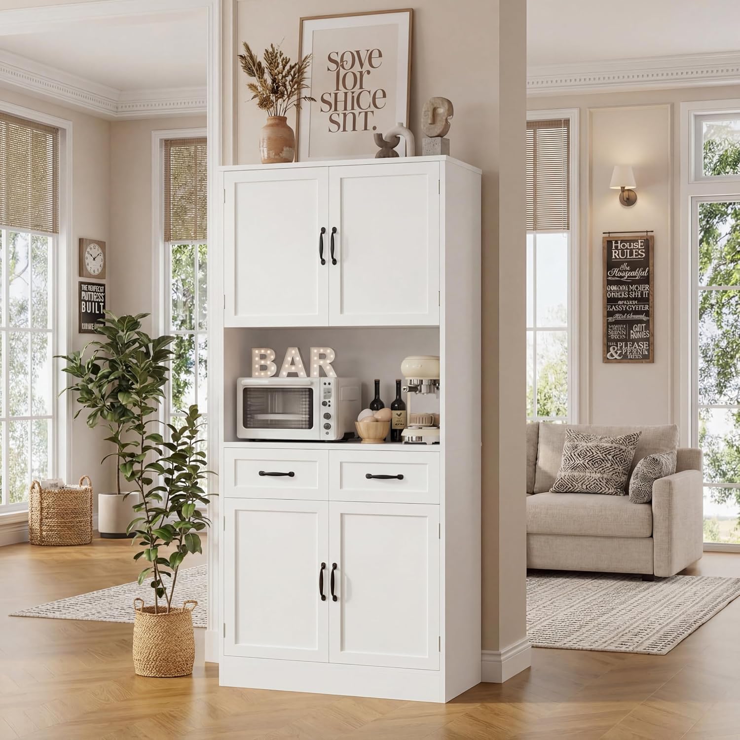 HOSTACK 71" Tall Kitchen Pantry Storage Cabinet, Wood Kitchen Hutch, White | Modern Pantry Cabinet with Microwave Stand, Hutch Cabinet with Countertop & Drawers, Storage Cabinet for Living Room
