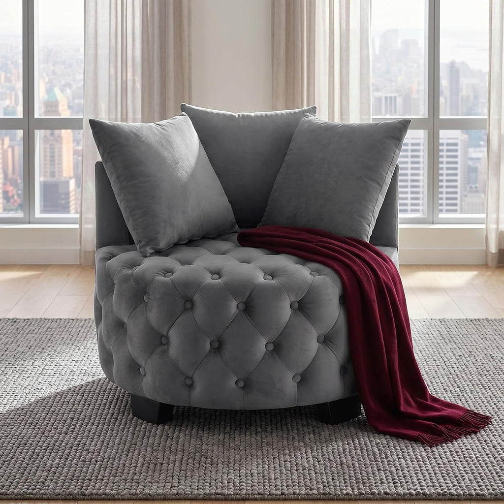 Upholstered Tufted Accent Barrel Chair with 3 Pillows, Contemporary Round Lounge Club Sofa Chair, Leisure Armchair for Living Room Hotel Bedroom, Dark Gray Velvet
