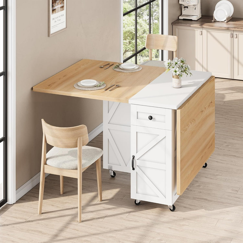 Jocoevol Folding Dining Table for Small Spaces, Foldable Kitchen Table with Drawer, 2-Tier Storage Shelf & Wheels, Space Saving Dining Table for 2 4, Farmhouse, (Natural 47.2" x 23.6" x 29.5")
