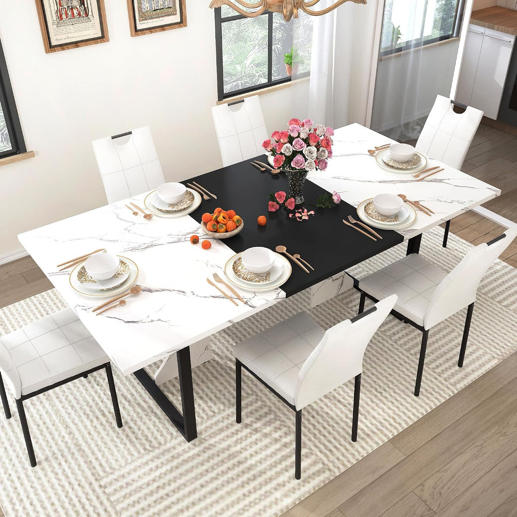 chartustriable 7PCS Dining Table Set with 6 Chairs for 4 5 6 People, 71" Large Wooden Kitchen Table Sets with 6 Upholstered Chairs,6-Person Kitchen Table & Chairs Set for Dining Room Kitchen(White)