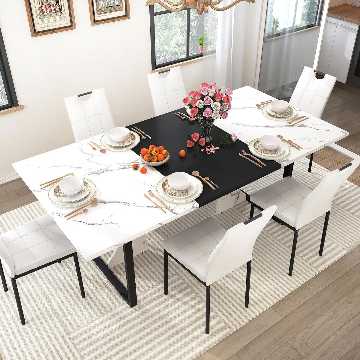chartustriable 7PCS Dining Table Set with 6 Chairs for 4 5 6 People, 71" Large Wooden Kitchen Table Sets with 6 Upholstered Chairs,6-Person Kitchen Table & Chairs Set for Dining Room Kitchen(White)