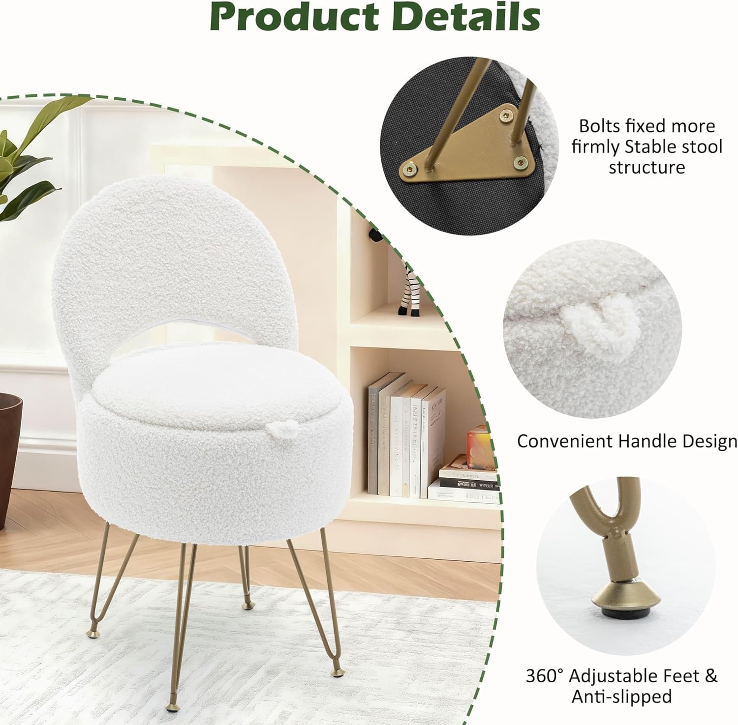 Korser Vanity Stool Chair with Storage and Folding Back, 13"x13"x27.6" Round Faux Fur Comfy Ottoman, 4 Metal Legs with Anti-Slip Feet, Makeup Chair for Living Room, Bedroom, Dressing Room