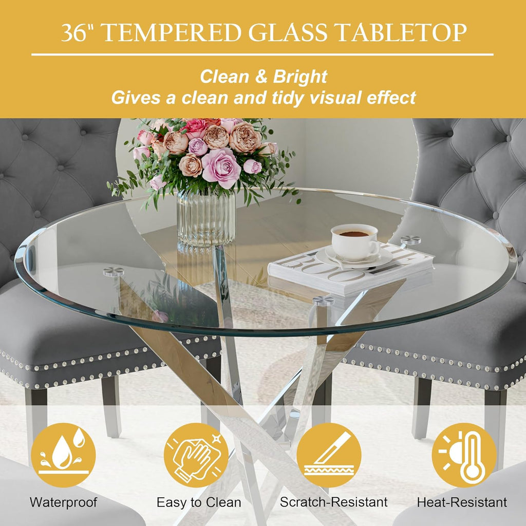 Round Glass Dining Table Set for 4, Modern 36 Inch Glass Kitchen Table with Silver Stainless Steel Legs and 4 Grey Velvet Chairs, for Dining Room, Apartment, Small Space