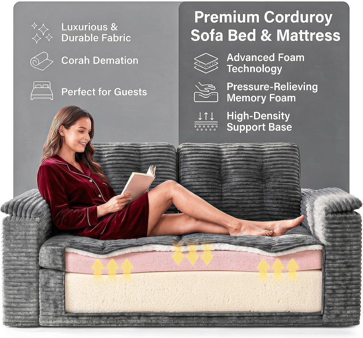 Loveseat Sofa for Living Room, Small Cloud Couch with Double-Density Foam Support, Removable Washable Corduroy Cover & 4 Pillows, Comfy Floor Sofa, Compact Couch for Small Spaces, Dark Grey