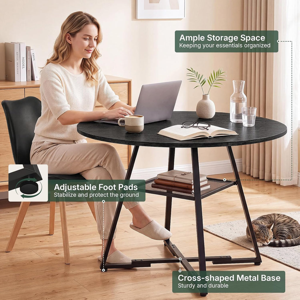 47in Round Dining Table Set for 4, Kitchen Table with Chairs | Circle Table, PU Leather Chair, Metal Cross Base, Storage Shelf, Breakfast Nook, Space-Saving, Apartment, Living Room, Black