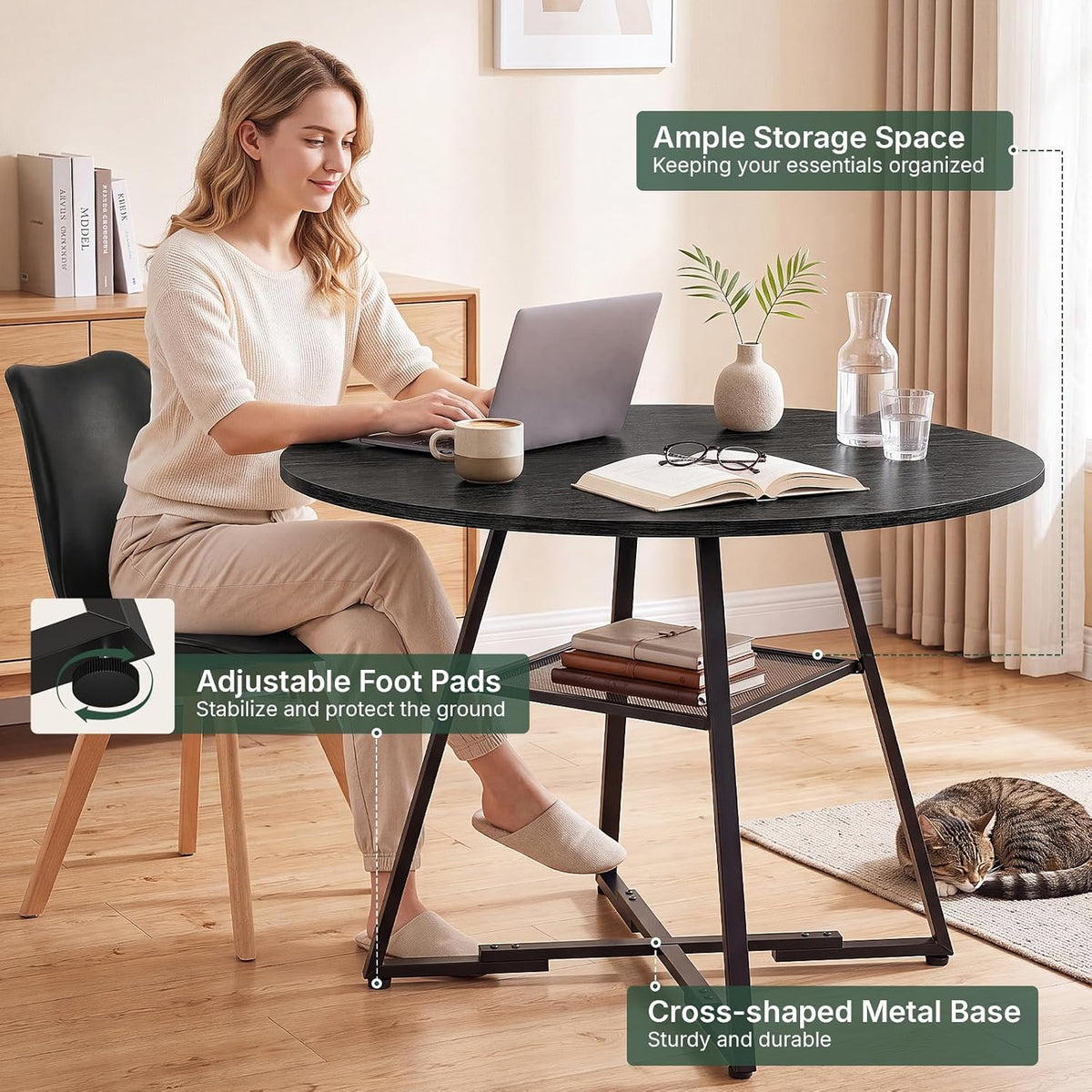 47in Round Dining Table Set for 4, Kitchen Table with Chairs | Circle Table, PU Leather Chair, Metal Cross Base, Storage Shelf, Breakfast Nook, Space-Saving, Apartment, Living Room, Black