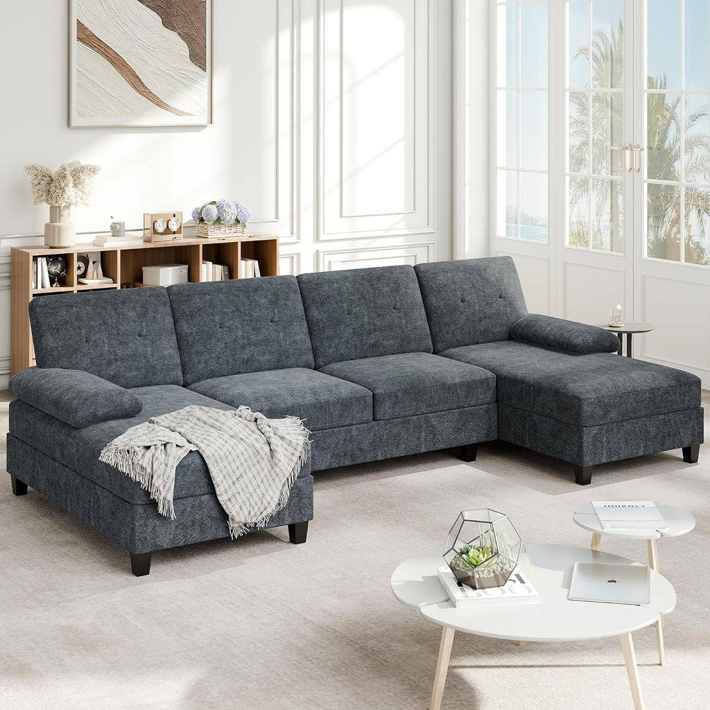 Sectional Couches for Living Room, U Shaped Couch 4 Seat Sectional Sofa with Chaise and Armrests, Comfortable Fabric Sofa for Apartment (Grey)