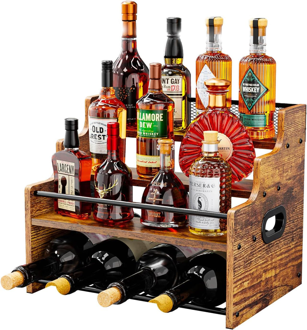 KLM 4-Tier Wood Display Shelf, Black Modern Bottle Organizer, Countertop Bar Stand for Liquor, Coffee Syrup, (Brown)