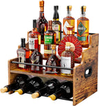 KLM 4-Tier Wood Display Shelf, Black Modern Bottle Organizer, Countertop Bar Stand for Liquor, Coffee Syrup, (Brown)