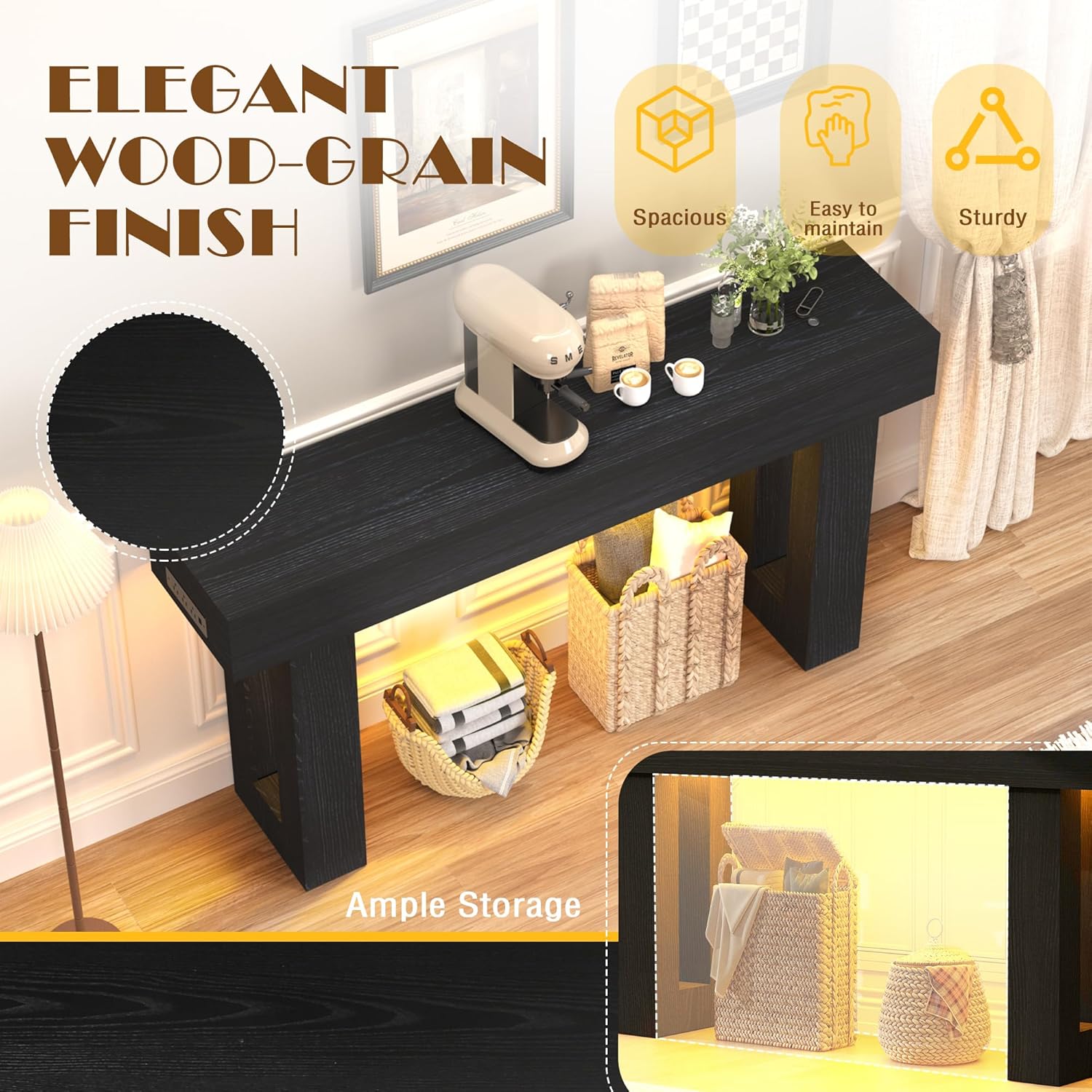 63" Extra-Long Modern Console Table with Charging Station, RGB LED Lights & Storage, Versatile Narrow Sofa Table Behind The Couch, Perfect for Entryway, Hallway or Living Room (Black Light)