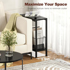 Narrow Side Table, Skinny End Tables with Magazine Holder, Small Sofa Table for Small Spaces, Space-Saving Design, Slim Nightstand Bedside Table for Living Room, Bedroom, Office, Black
