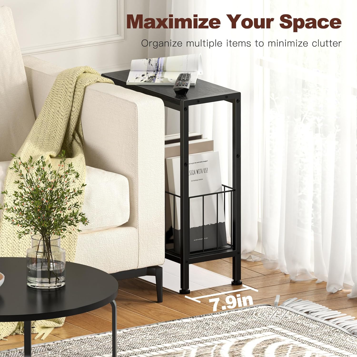 Narrow Side Table, Skinny End Tables with Magazine Holder, Small Sofa Table for Small Spaces, Space-Saving Design, Slim Nightstand Bedside Table for Living Room, Bedroom, Office, Black