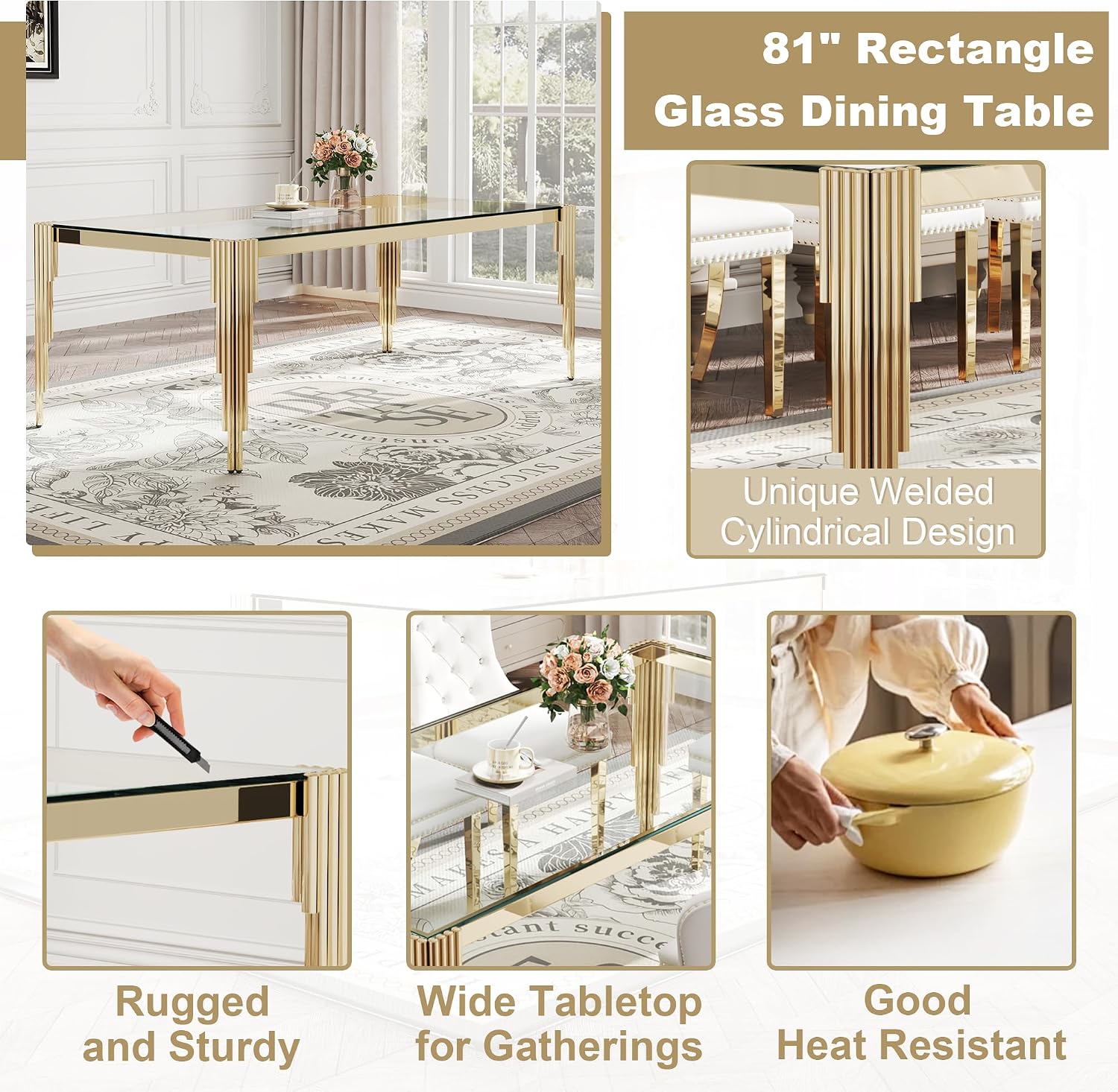 Rectangle Glass Dining Table, 81" Clear Tempered Glass Desktop with Gold Mirrored Stainless Steel Legs, Modern Elegance for 8-10 People, for Kitchen, Living Room, Office