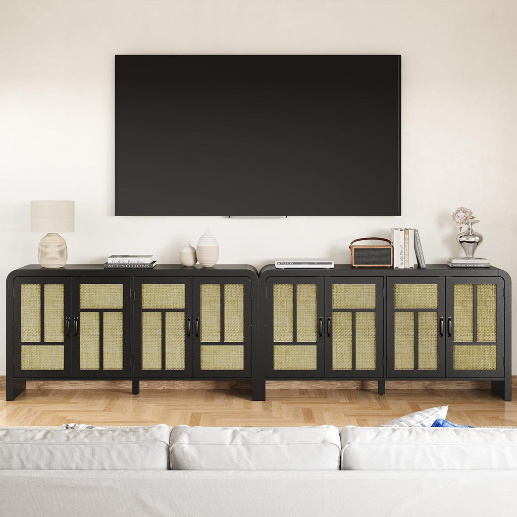 RoyalCraft Buffet Cabinet with Storage Sideboard Accent Farmhouse Credenza with 4 Doors & Shelves Rattan 59" Media Console Boho Coffee Bar Table for Living Room Kitchen Dining Room Hallway