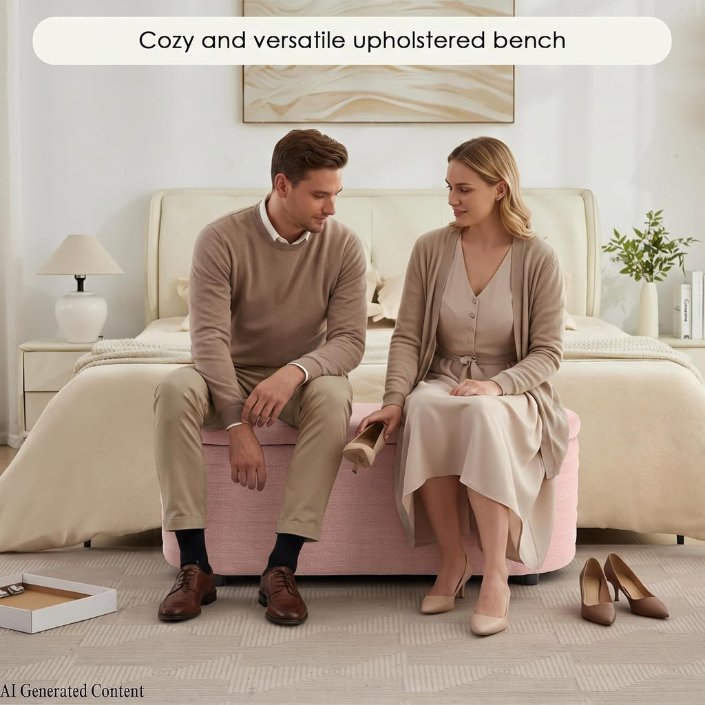 45.5" Modern Storage Ottoman Bench, Pink | Boucle Bench, Linen Fabric, Slow-Close Safety Hinge, Hidden Storage, Upholstered Seat, for Living Room Entryway End of Bed