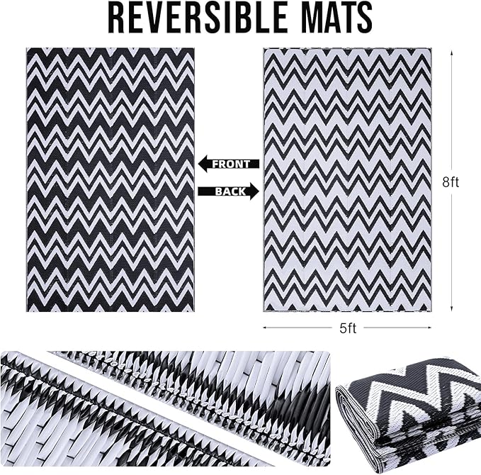 OLANLY Waterproof Outdoor Rug 5x8 ft Clearance, Reversible Outdoor Plastic Straw Rug, RV Mat, Indoor Outdoor Carpet for Patio, Camping, Balcony, Deck, Backyard, Black & White