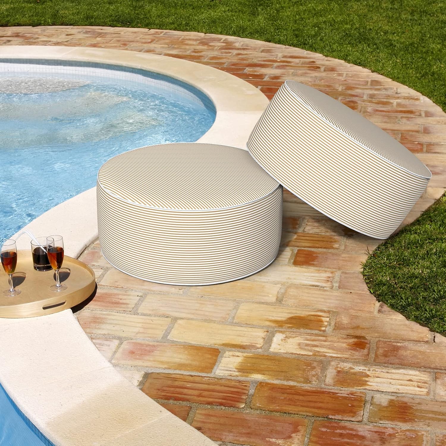 Inflatable Stool Ottoman, Footrest Ottoman with Handle, Outdoor or Indoor Round Portable Stool for Patio Home Decoration, 21x9 Inch, Stripe Beige