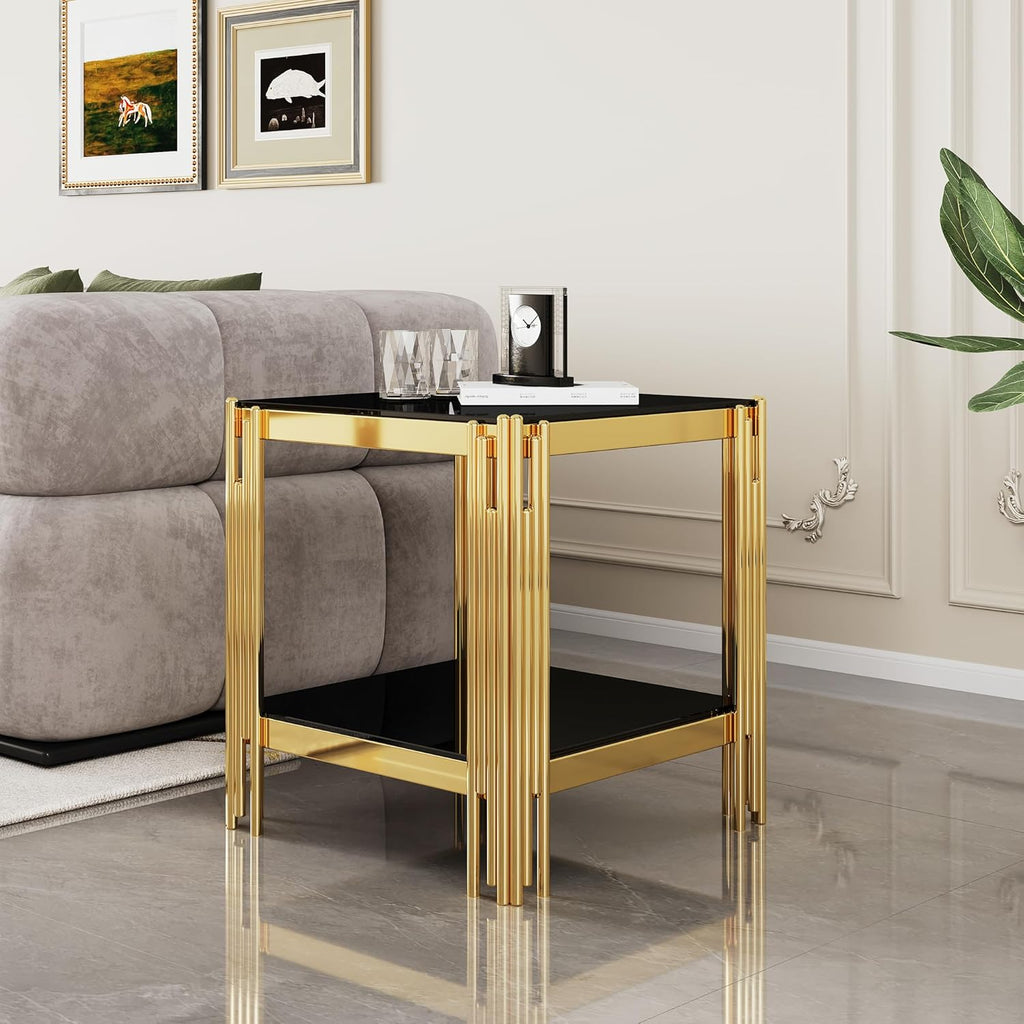 Luxury Gold Glass End Table,Sqaure Sofa Side Table with Shiny Geometric Stainless Steel Base,Black Glass Accent End Table Bedside Table Nightstand for Living Room Bedroom Office