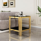 Luxury Gold Glass End Table,Sqaure Sofa Side Table with Shiny Geometric Stainless Steel Base,Black Glass Accent End Table Bedside Table Nightstand for Living Room Bedroom Office