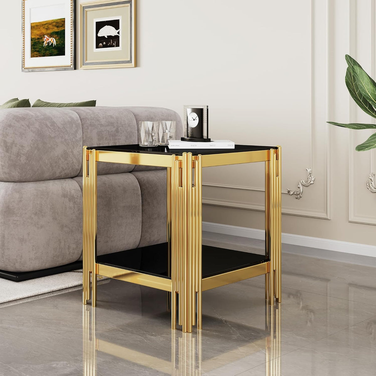 Luxury Gold Glass End Table,Sqaure Sofa Side Table with Shiny Geometric Stainless Steel Base,Black Glass Accent End Table Bedside Table Nightstand for Living Room Bedroom Office