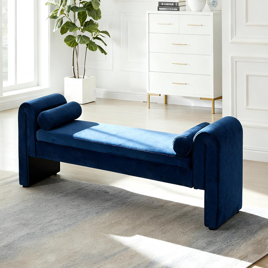 60.5" End of Bed Bench, Velvet Bedroom Bench,King Bed Bench,with 2 Pillows,Upholstered Bench,Suitable for End of Bed, Entryway Living Room,Bedroom. (Velvet Blue)
