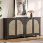 SICOTAS 102"W Rattan Sideboard Buffet Cabinet Set of 3, Modern Credenza Storage Cabinet with Arch Doors & Shelves, Boho Coffee Bar Media Console Cabinets for Kitchen, Living Room, Entryway, Black Oak