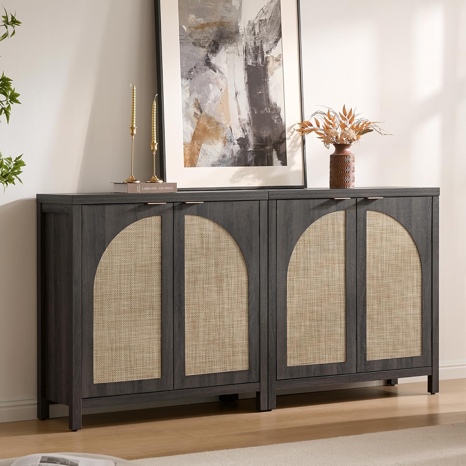 SICOTAS 102"W Rattan Sideboard Buffet Cabinet Set of 3, Modern Credenza Storage Cabinet with Arch Doors & Shelves, Boho Coffee Bar Media Console Cabinets for Kitchen, Living Room, Entryway, Black Oak