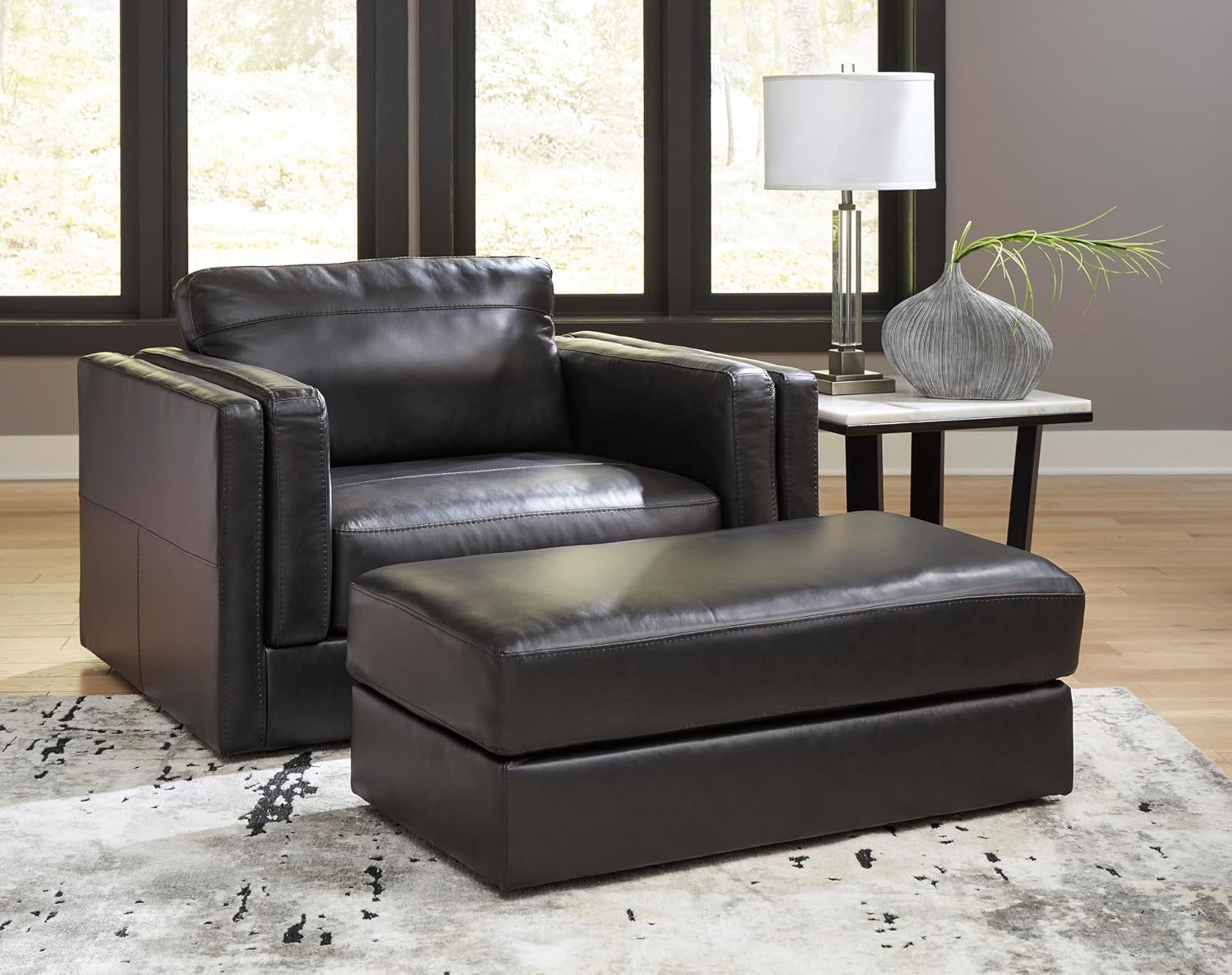 Signature Design by Ashley Amiata Black Leather and Faux Leather Ottoman, Fully Assembled Coffee Table Alternative, Rectangular Footrest Bench for Living Room, Onyx, 44" W x 24" D x 17" H
