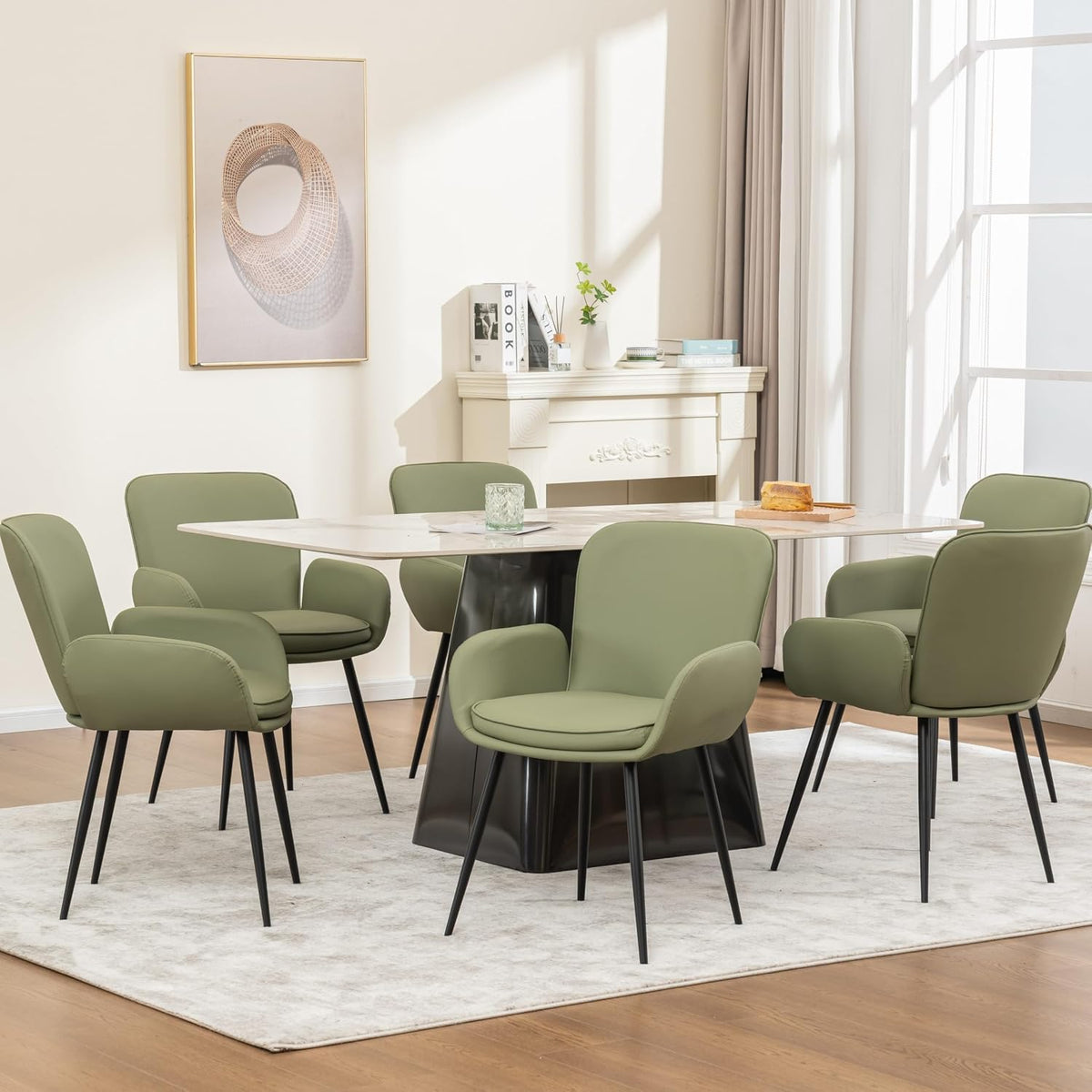 VKNOW Modern Faux Leather Dining Chairs Set of 2 with Armrest, Green | Armed Dining Room Chairs with Metal Legs, Kitchen Chairs for Restaurant Kitchen Living Room